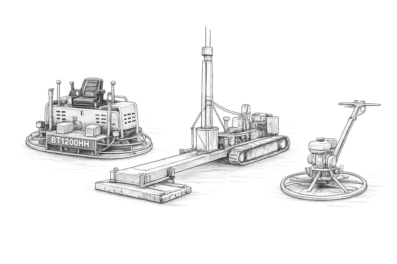 Maschinenpark — Betonglättmaschinen (BT1200HH, Laser-Screed, Einscheiben-Flügelglätter)